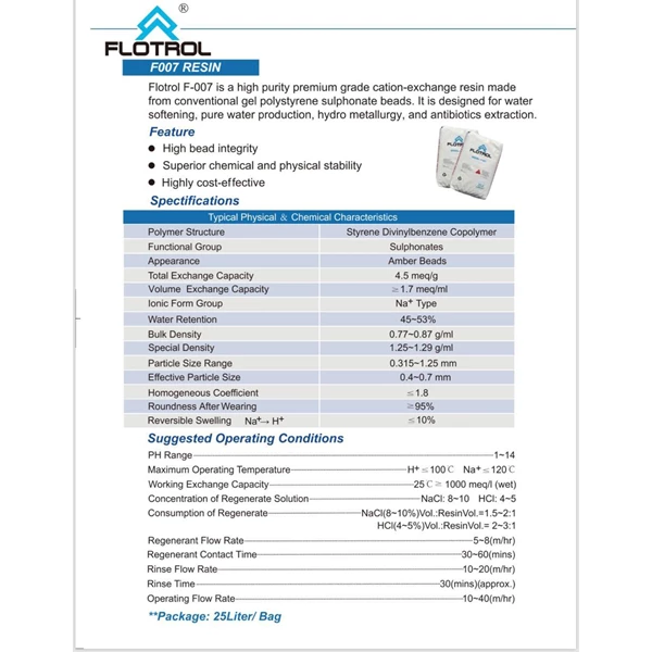 Media Filter Flotrol F007 Cation Resin